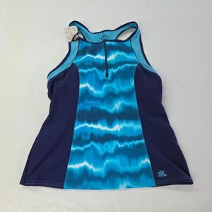 ZeroXposur Tankini Top Women XL Blue Wave Print Zip Front Racerback UPF 30+New